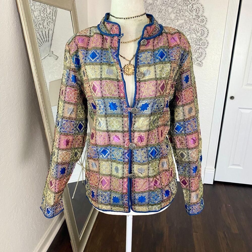 Vintage Ethereal Whimsygoth Blue Gold Multi Patchwork Star Jacket L